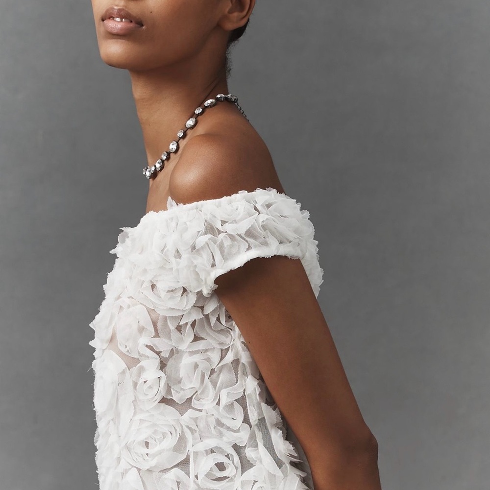 Anthropologie White Off-Shoulder Floral Top